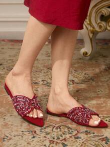 CUCCOO TILAWA New Women Outdoor Flat Sandals, Pointed Toe Fashion Colorful Rhinestone Black Velvet Slip-On Slippers, Soft Bottom Casual Comfortable Party & Work Summer Shoes - Red - View 2