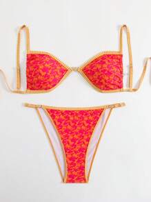 SHEIN Swim Curve 2pcs/Set Plus Size Women Beach Floral Random Print Sexy Bikini Set For Summer Beach Vacation - Multicolor - View 5