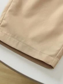 1pc Boys' Fashion Versatile Simple Gentleman Style Khaki Solid Animal Print Soft Breathable Half Elastic Waistband Drawstring Casual Shorts, Suitable For Summer Outfitting, Outdoor Activities Such As Shopping, Getaway, Holiday, Travel, Relax, Sunbathing - Khaki - View 4