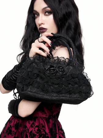 Goth 1 pieza Bolso de mano estilo novia Lolita de encaje negro con flores
