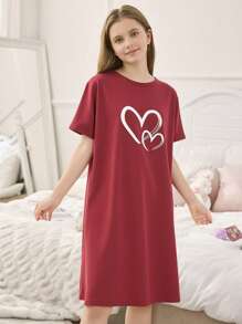 复古红色女孩画笔心形图案简约舒适短袖睡袍，睡衣 - 紅色 - 查看 1