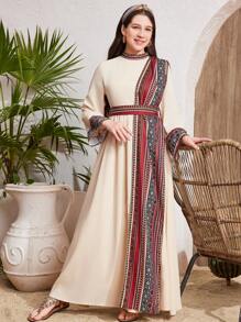 SHEIN Teen Girls' Apricot Stand Collar Elegant Long Dress,Geometric Print Flare Sleeve Midi Dress,Beige,Autumn,Casual,Matching,Family Vacation,Graduation - Apricot - View 5