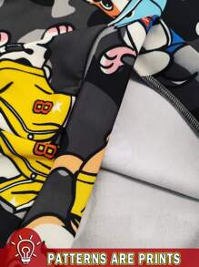 SHEIN 年轻男孩休闲简约卡通狗图案宽松简约日常舒适针织长袖连帽运动衫，适合秋冬季