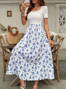 EMERY ROSE Ditsy Floral Print Square Neck A-Line Dress Maxi Women Outfit - Blue and White - View 4
