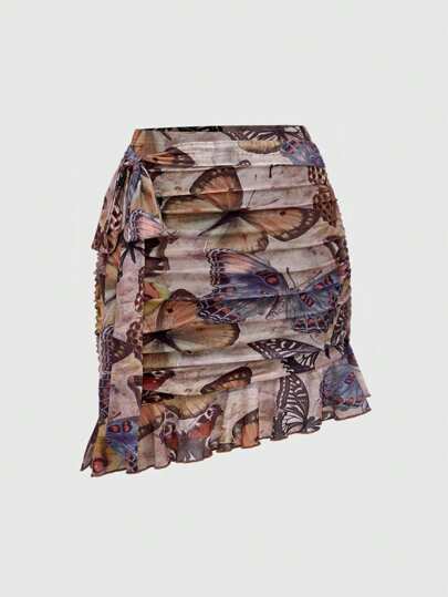Fairycore Jupette mini asymétrique à volants avec imprimé papillon et style vintage en maille, style Fairycore