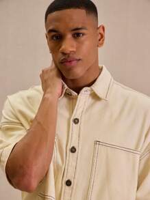 Musero Contrast Stitch Oversized Pocket Detail Button Up Denim Shirt - Apricot - View 4