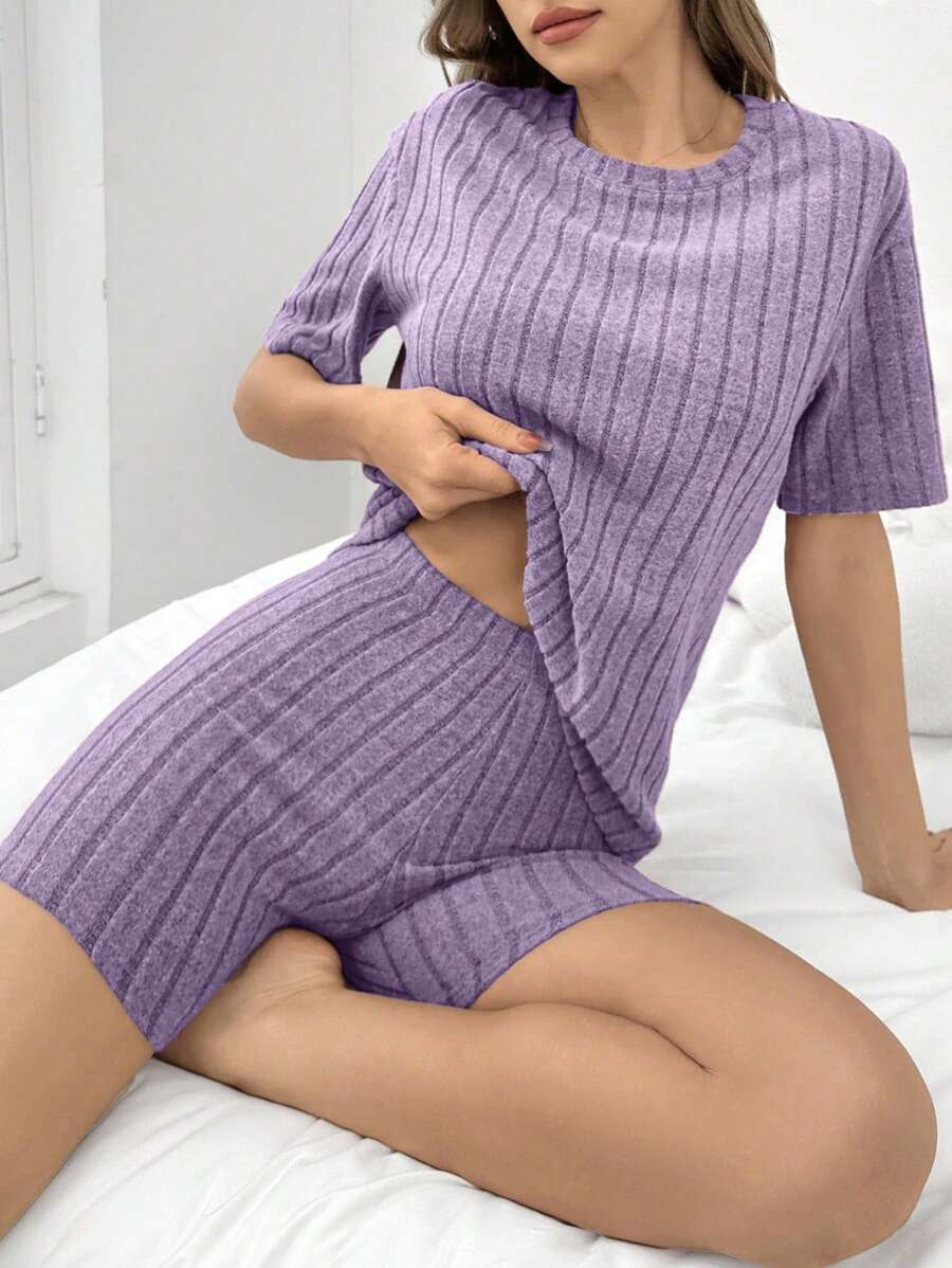 DUSKBASE Women Solid Color Ribbed Loose Fit Round Neck Crop Top & Shorts Sleeve Pajama Set Outfit - Purple - View 1