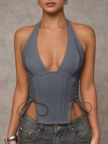 SHEIN BAE Women's Solid Color Eyelet Tie-Up Side Slit Sexy Halter Neck Tank Top - Dark Grey - View 4