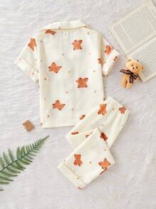 2pcs Young Girls Cute Bear Print Short Sleeve Top & Pants Loungewear Set, Casual & Comfy, Loose Fit