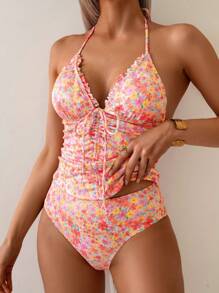 SHEIN Swim 女士碎花褶饰V领两件套休闲细肩带泳衣 - 彩色 - 查看 4
