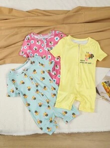 3 Stücke Baby/Baby Mädchen süßer Bienen-Muster Kurzarm-Jumpsuit Outfit mit Reißverschluss, eng anliegender Romper