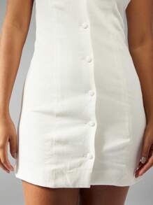 MISSGUIDED Button-Down Linen Mini Dress Square Neck Sleeveless Summer Resort Wear Bodycon Fitted Mediterranean Style Beach Holiday Spring Fashion - White - View 3