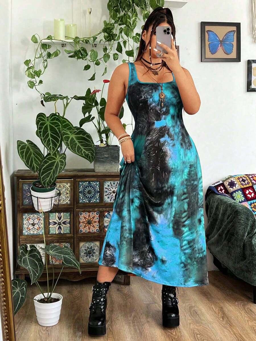 Flirla Plus Size Tie-Dye Holiday Summer Dress Maxi Women Outfit - Multicolor - View 1