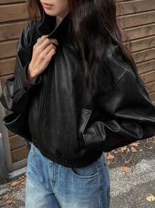 DAZY Spring New Vintage Leather Jacket Short Women Regular Jacket For Valentine's Day,Fall Clothes - Black - View 7