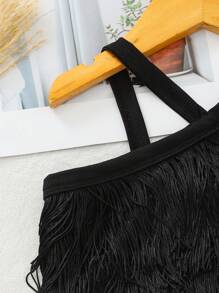 年轻女孩 T 恤，2025 年春夏新品，多层流苏设计，个性化交叉肩带，适合夏季日常活动、外出和社交聚会 - 黑色 - 查看 4