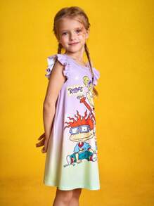 Nick 90s | SHEIN Young Girl Cartoon & Star Yellow & Purple Print Cute Short Sleeve Dress - Mauve Purple - View 2