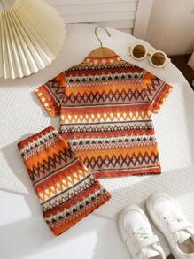 Set de 2 piezas para niños bebés: Camisa superior con cuello mao y botones, estampado geométrico bohemio, y shorts de cintura elástica, outfit casual de verano