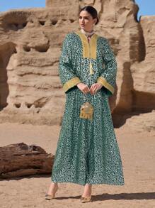 Al Najma Women's Turkish Maxi Dress & Arabic Traditional Long Robe Kaftan Jalabiya Dress - Dark Green - View 3
