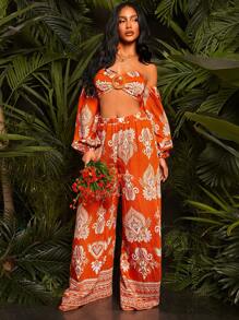 SHEIN SXY Set de 2 piezas de top corto de manga de farol con hombros descubiertos y estampado total, y pantalones largos para mujer para vacaciones