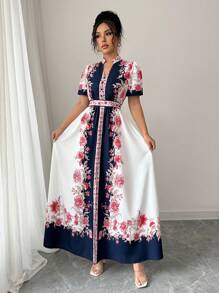 Elenzga 女士优雅花卉印花立领泡泡袖节日连衣裙 - 彩色 - 查看 5