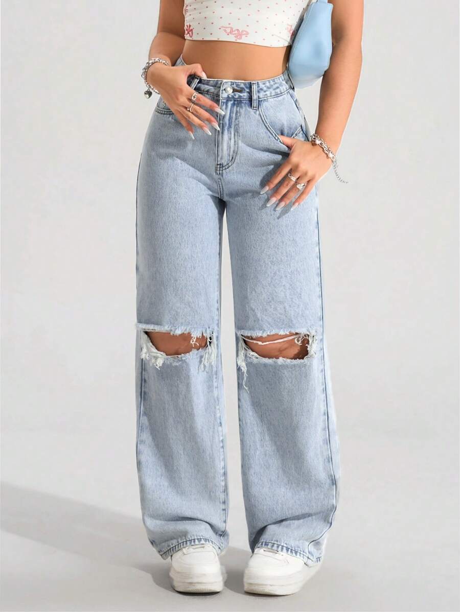 SHEIN PETITE Vaqueros anchos y holgados de tela vaquera con bolsillos y efecto desgastado, de uso versátil y casual para mujer - Azul - Ver 1