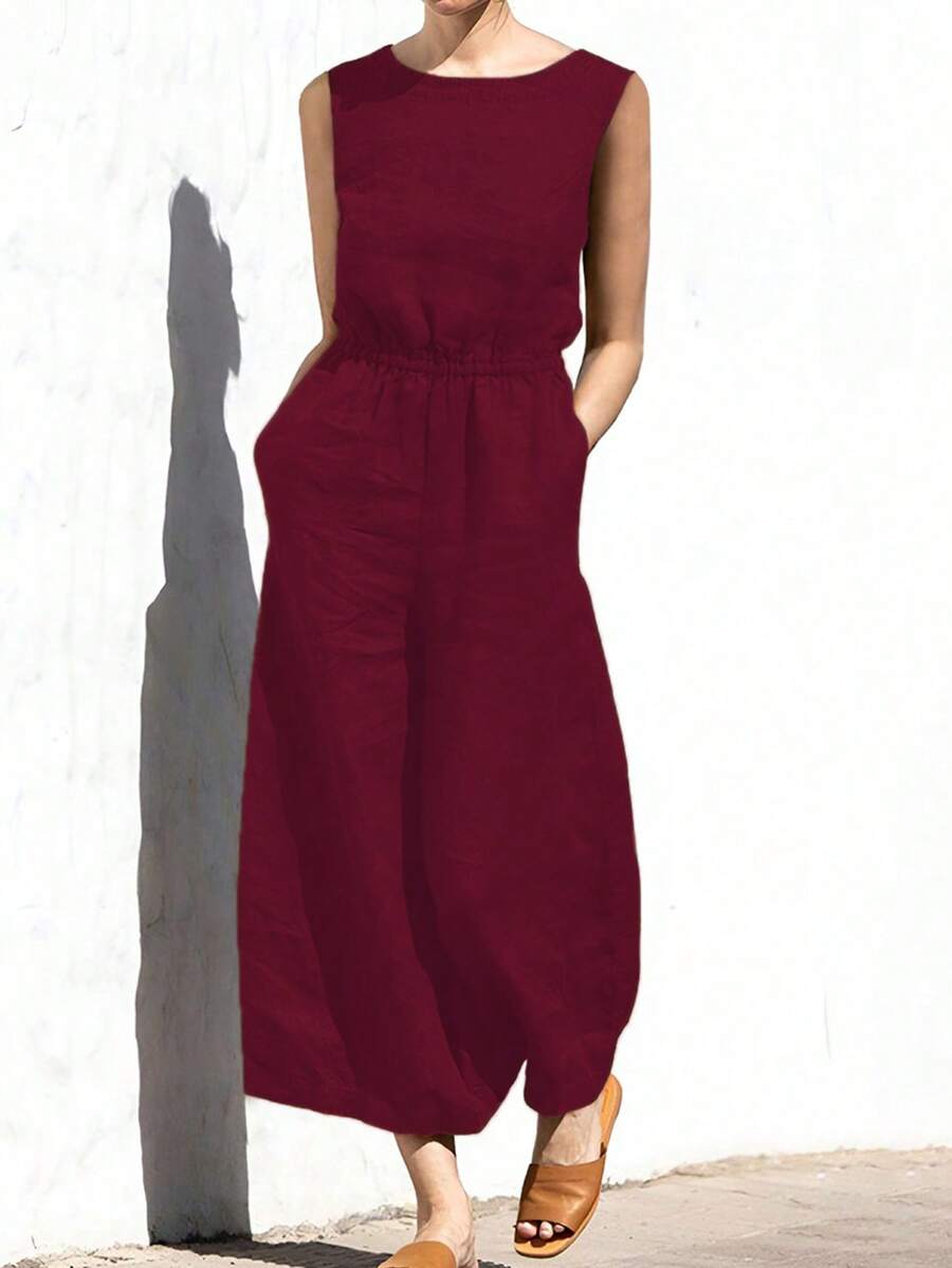 INAWLY Plus Size Women Casual Loose Solid Color Sleeveless Jumpsuit - Red - View 1