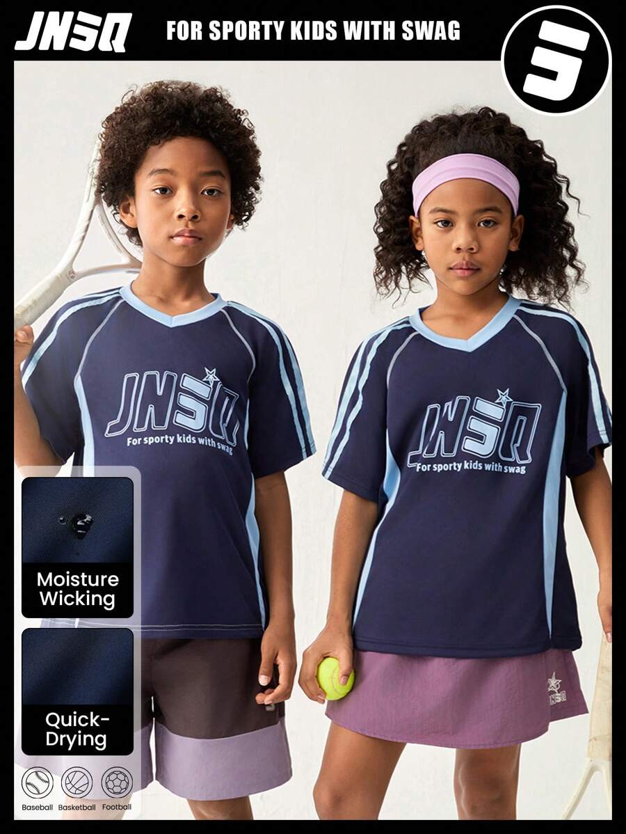 SHEIN 返校服，青少年女孩和男孩户外运动短袖运动衫，儿童圆领撞色四针六线图案字母印花户外运动短袖运动衫