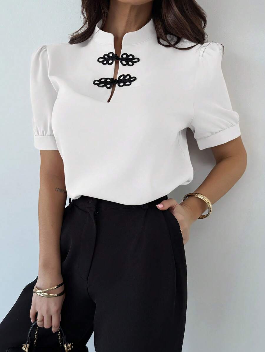 Firerie Women's Elegant Romantic Puff Sleeve Contrast Buttons Blouse, Spring/Summer, Suitable For Valentine's Day - White - View 1