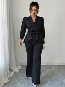 INAWLY 2 pezzi Set di giacca e pantaloni con volant eleganti e manica lunga per donna taglia grande