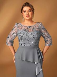 Serin Plus Size Elegant Romantic Grey Sequins Contrast Mesh Flare Sleeve See-Through Ruffle Mermaid Hem Mom's Evening Dress - Light Grey - View 1