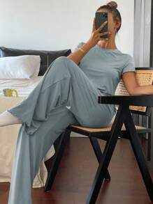 DAZY Solid Color Wave Trim Decorated Slim-Fit Top And Pants Leisurewear Set, Simple Design Pajama - Blue - View 3