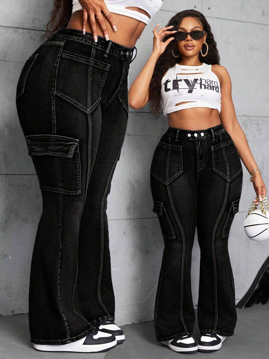 SHEIN SXY Plus Size Women's Stretch Heavy Wash Distressed Skinny Flared Jeans Women Autumn