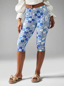 MISSGUIDED Mediterranean Tile Print Capri Leggings High Waist Compression Workout Summer Beach Vacation Resort Wear Cropped Athletic Pants Moisture Wicking Performance