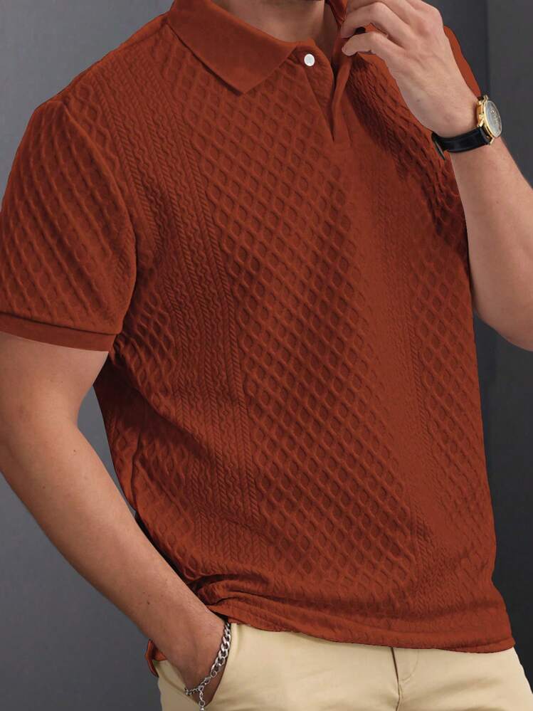 Manfinity Homme Men's Casual Daily Style, INS Short-Sleeve Polo Shirt Featuring A Geometric Texture Jacquard Knit. With Buttoned Plackets, Perfect For A Hawaiian Beach Vacation, As Well As Music Festivals And Everyday, Vacation/Party Wear - Redwood - View 1