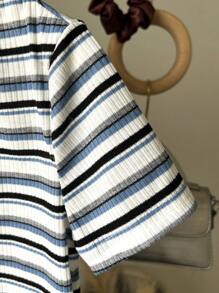 SHEIN Leap Crew Tween Girls Simple Colorful Striped Knitted Tight Crop Fitted Casual T-Shirt - Baby Blue - View 6