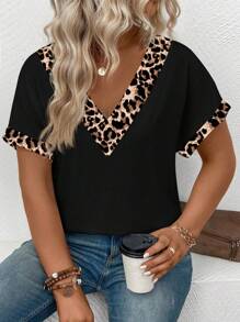 SHEIN Plus Size Casual Leopard Print Patchwork Short Sleeve T-Shirt, Summer