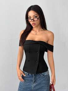 SHEIN EZwear Women's Off Shoulder Plain Color Blazer, Minimalist & Fashionable, Suitable For Summer - Black - View 4