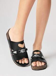 ROMWE Grunge Punk Women's Dark Rock Punk Goth Sandals, Summer Open Toe Rivet Strap Roman Beach Flat Slide Slippers, Halloween - Black - View 1