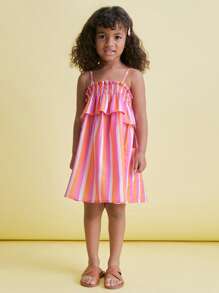 SHEIN Vestido de tirantes finos con volantes y bolsillo con rayas para niñas jóvenes - Multicolor - Ver 6