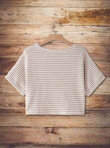 SHEIN VCAY T-shirt court assorti tout-aller de style boho western à rayures abricot et blanc, col rond, grande taille, polyvalent