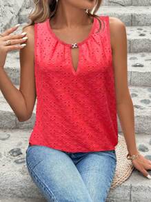 Calvaya Women's Casual Burnout Embroidered Keyhole Neck Loose Tank Top - Watermelon Pink - View 4