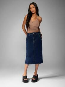 MISSGUIDED Falda midi de jean, de talle alto, diseño en A por debajo de la rodilla, con bolsillos laterales. Uso casual, de oficina, moda modesta para otoño e invierno - Azul - Ver 3