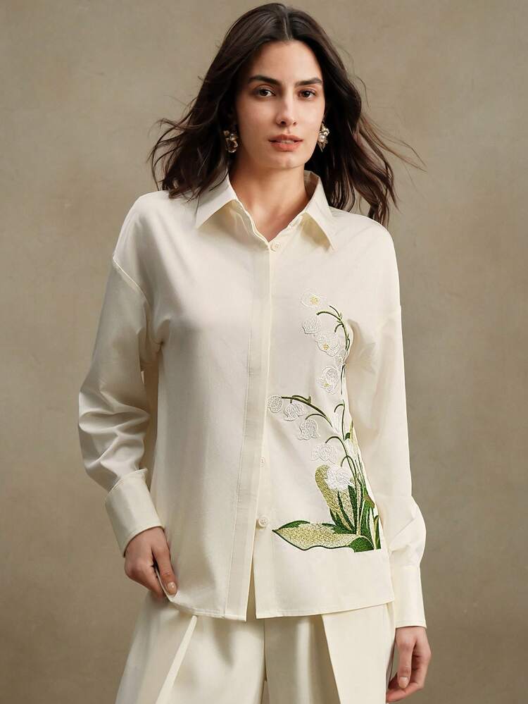 Women's Spring Tulip Print & Embroidered Shirt, Elegant Embroidered Collar Blouse, Casual For Spring Festival, Vacation, Holiday