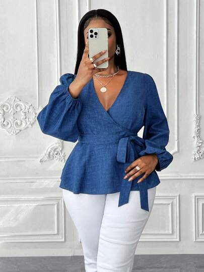 Maweii Camisa casual de talla grande para mujer con cuello en V, mangas farol y lazo, unicolor, para primavera/otoño