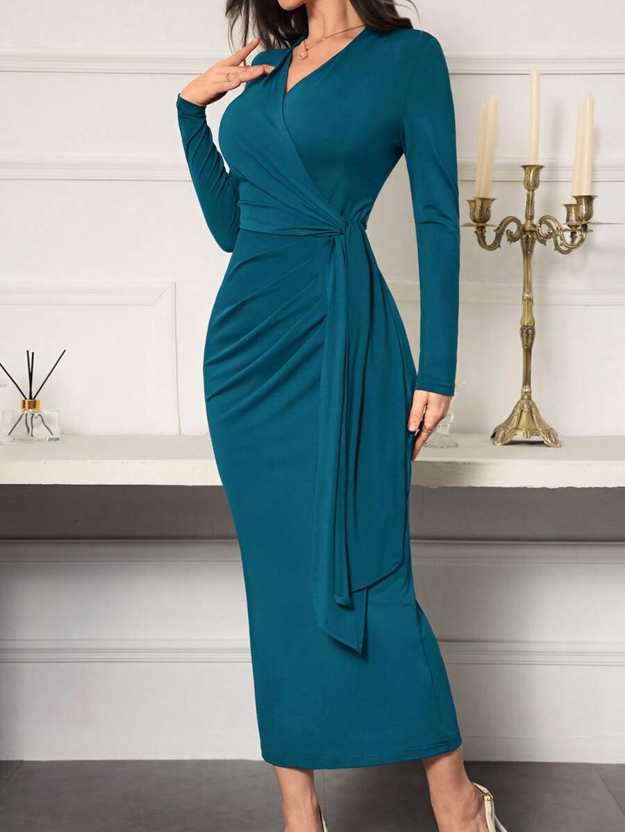 Modelyn Women Solid Color Pleated Overlap V-Neck Long Sleeve Elegant Dress - Teal Blue - View 1