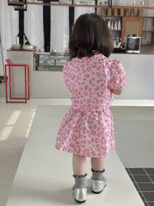 Set de 2 piezas Conjunto de chaqueta cortavientos de leopardo de doble botonadura elegante y minifalda para niña bebé, adecuado para paseos en primavera/verano - Rosa - Ver 2
