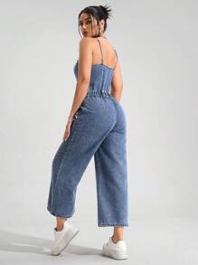 Jeanoix 女式前抽绳阔腿休闲牛仔连身裤 - 中等水洗藍 - 查看 2