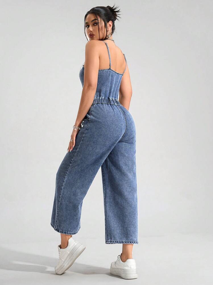 Jeanoix Women's Front Drawstring Wide Leg Casual Denim Jumpsuit - Medium Wash - View 2
