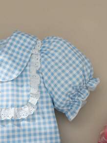 SHEIN Young Girl Cute Summer Set, Plaid Ruffle Collar Puff Sleeve Top & Pleated Skirt, Sweet And Fashionable School Style - Blue - View 7