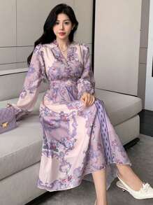 DAZY Vestido elegante midi con mangas abullonadas y abotonado para mujeres con estampado floral